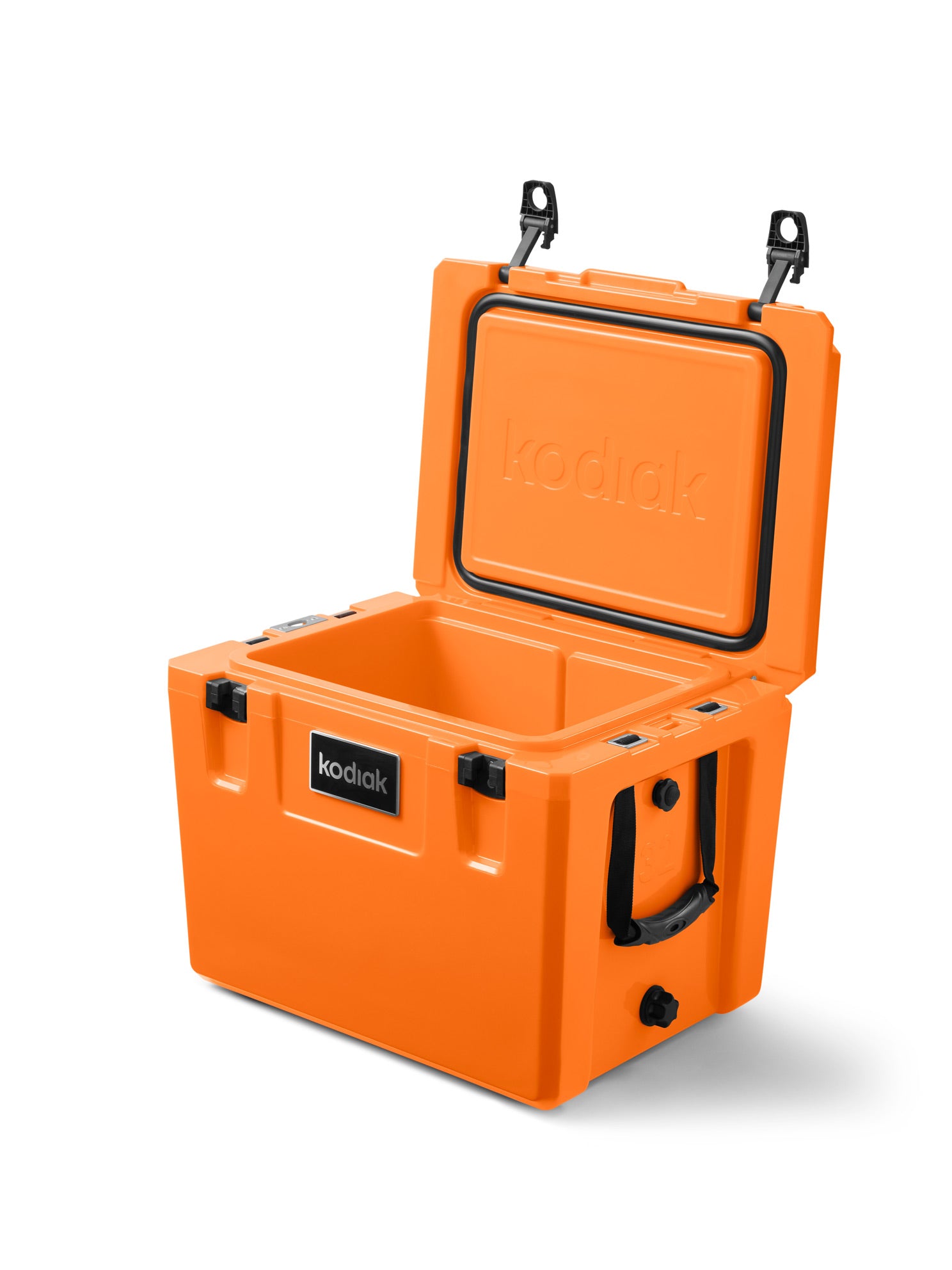 Kodiak Hard Cooler 32L Orange heavy-duty family-size ice box with open lid, rugged rotomoulded cooler for camping and outdoors